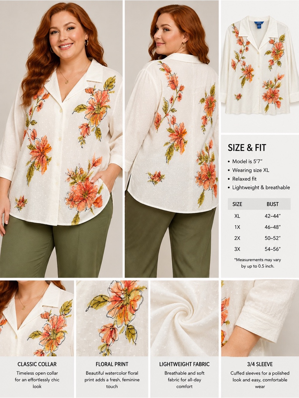 Dana Buchman Cream Button-Front Shirt with Coral Floral Print XL